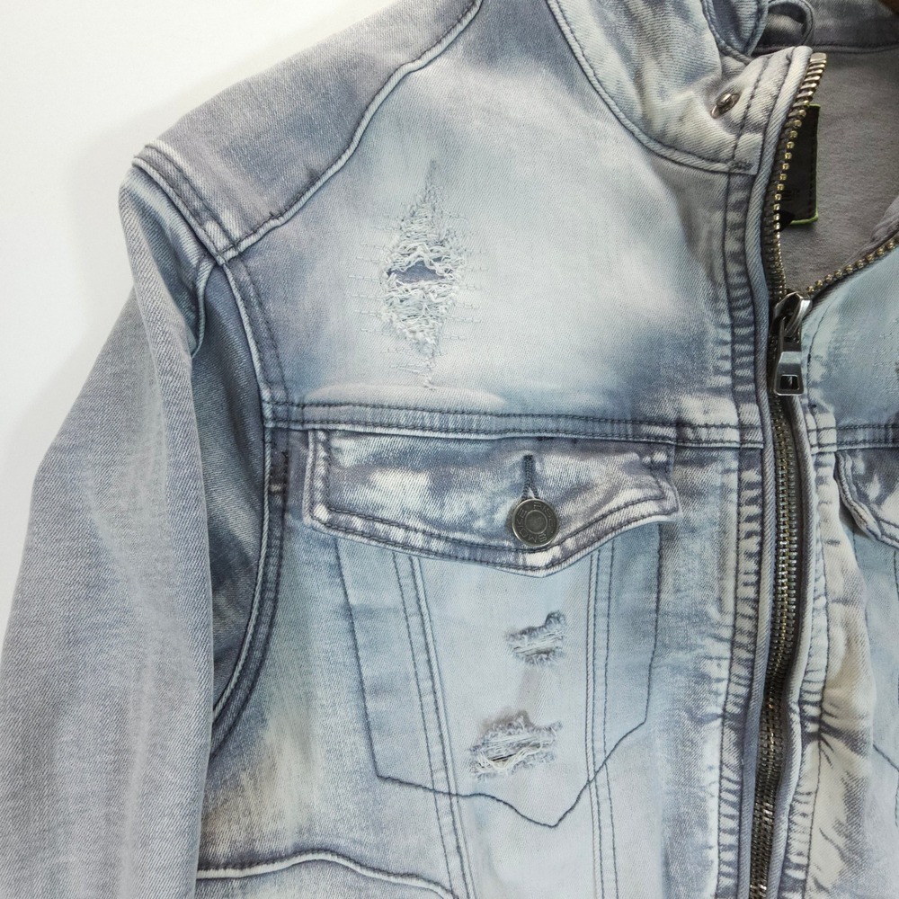 Smoke Rise Denim Jacket Mens Medium Blue Streetwear Y2K Distressed Moto Zip Up - Picture 4 of 11